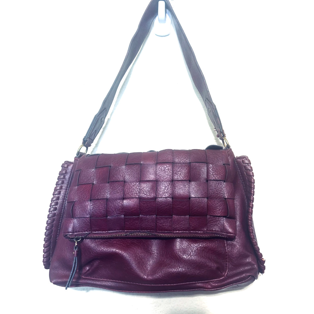 Burgundy Vegan‎ Leather shoulder bag woven flap purse slouchy hobo whipstitch